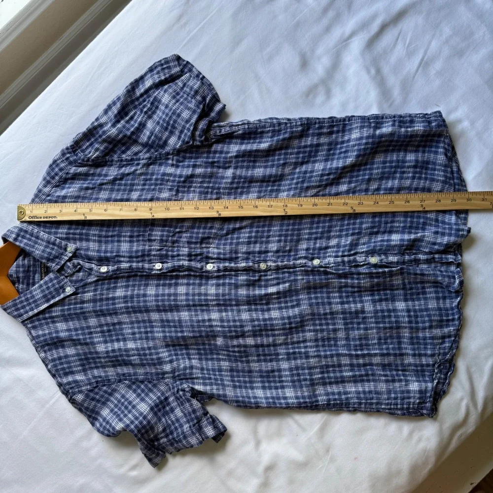 Banana Republic Mens Medium Blue Plaid 100% Linen Camden Standard Fit Shirt SS